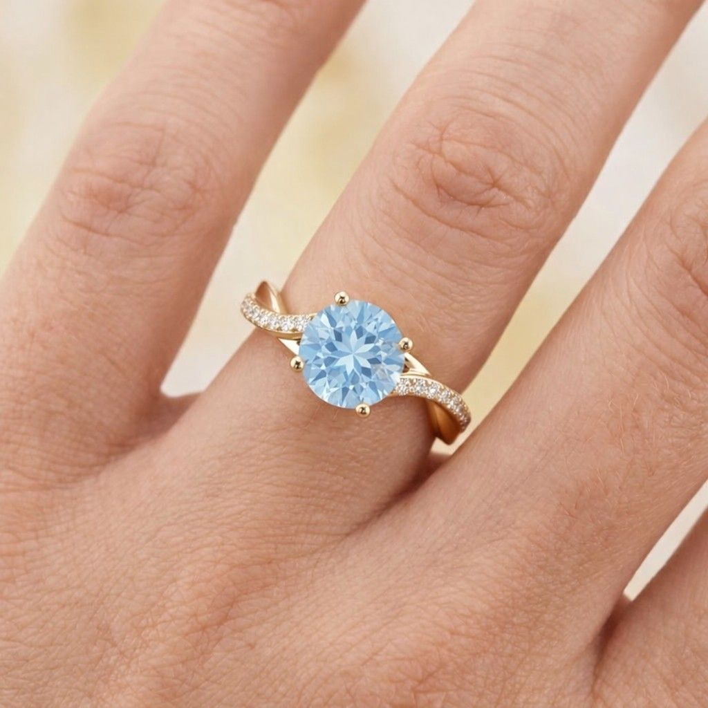 Infinity Aquamarine Engagement Ring | Twisted Aquamarine Ring | Aquamarine Ring Rose Gold | Moissanite Custer Ring | Art Deco Ring
