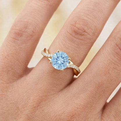 Infinity Aquamarine Engagement Ring | Twisted Aquamarine Ring | Aquamarine Ring Rose Gold | Moissanite Custer Ring | Art Deco Ring
