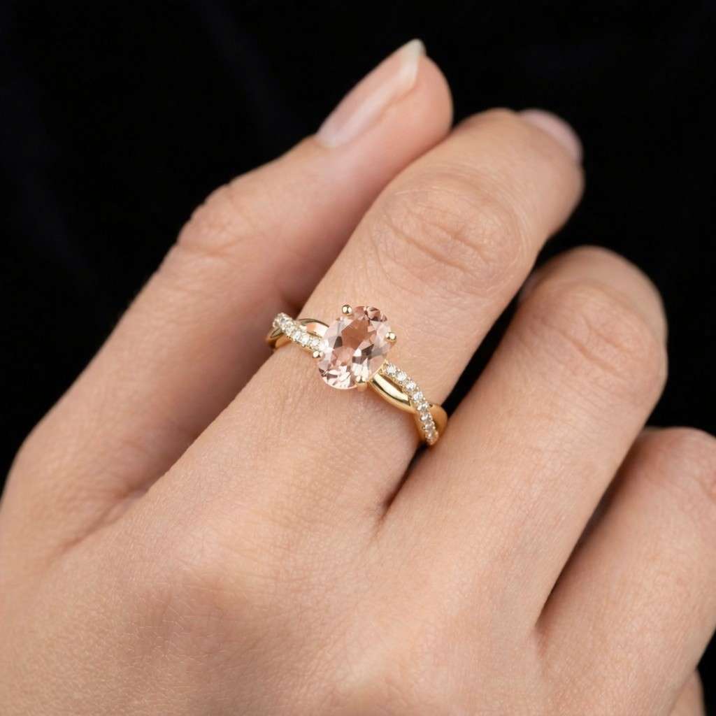 Pink Oval Cut Lab Grown Diamond Engagement RIng, Pink Oval Diamond Ring, 14K Gold Side Round Diamond Hidden Halo Ring For Anniversary Gifts