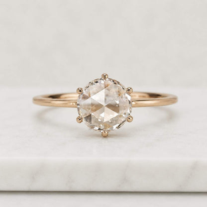 Rose Cut Diamond Engagement Ring, Real Lab Grown Diamond Solitaire Ring, Antique Round Rose Cut Diamond Ring, Rose Diamond Wedding Ring
