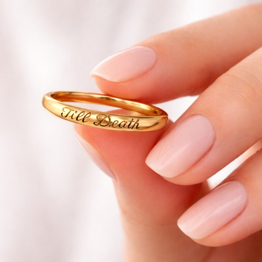 rose gold promise ring with till death engraving minimalist couple jewelry thin stackable band ring for women anniversary gift romantic wedding band sleek polished rose gold ring modern minimalist jewelry