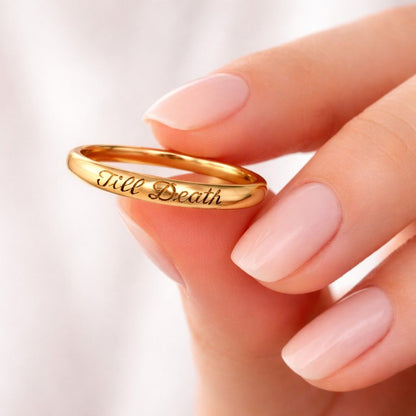 rose gold promise ring with till death engraving minimalist couple jewelry thin stackable band ring for women anniversary gift romantic wedding band sleek polished rose gold ring modern minimalist jewelry