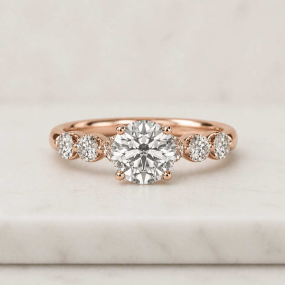 Half Pave Solid Gold Round Cut Moissanite Engagement Ring, Hidden Halo Round Cut Wedding Ring