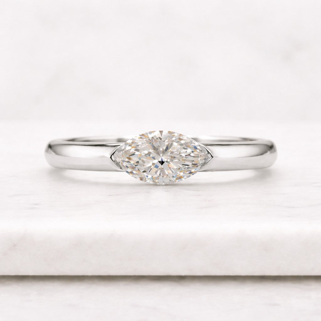 double prong marquise solitaire ring for her, antique east west marquise engagement ring, moissanite diamond 14k solid gold east west ring
