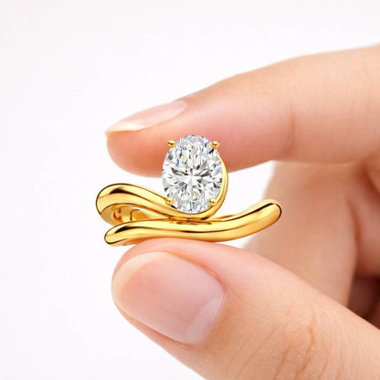 1.5 CT Oval Moissanite Engagement Ring | Curved Wave Band Ring | Unique Oval Cut Promise Ring | Dainty Moissanite Wedding Ring for Her
