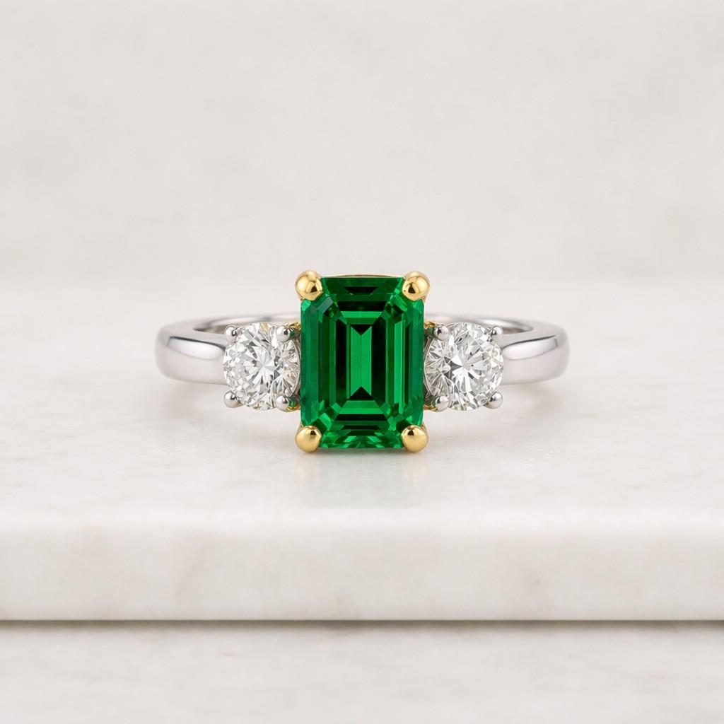 three stone ring emerald cut lab created emerald 925 sterling silver ring for women engagement ring handmade gemstone ring gifts for her