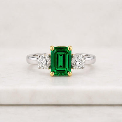 Three Stone Ring Emerald Cut Lab Created Emerald 925 Sterling Silver Ring For Women Engagement Ring Handmade Gemstone Ring Gifts For Her