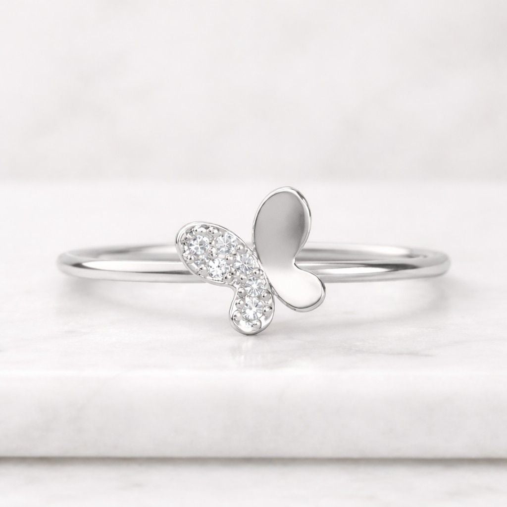 Dainty Moissanite Diamond Butterfly Ring, Insect Inspired Stackable Jewellery, Minimalist Statement Ring
