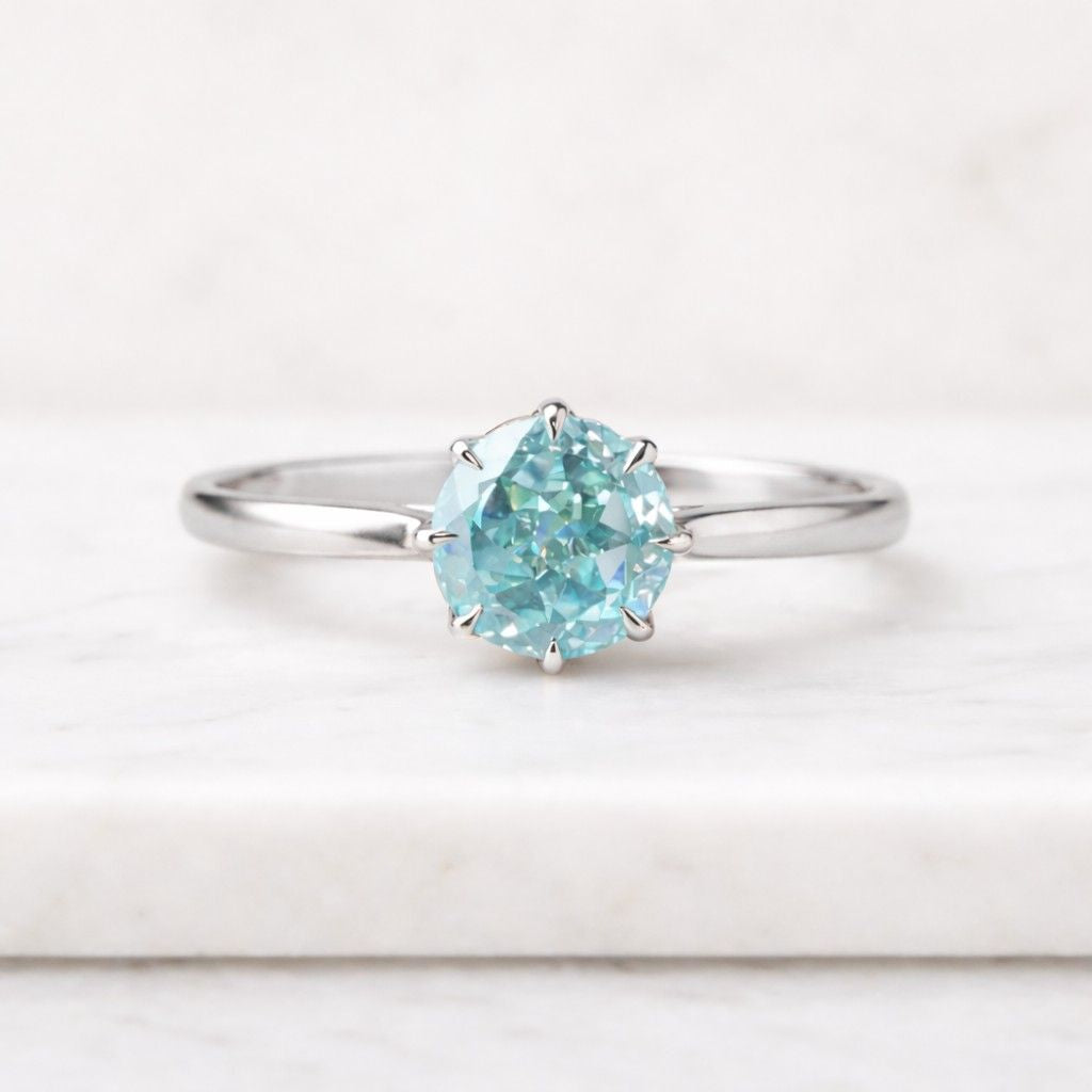 2.00 ct cyan blue portuguese moissanite engagement ring, 14k gold ring for anniversary, solitaire ring for women, vintage tulip set ring
