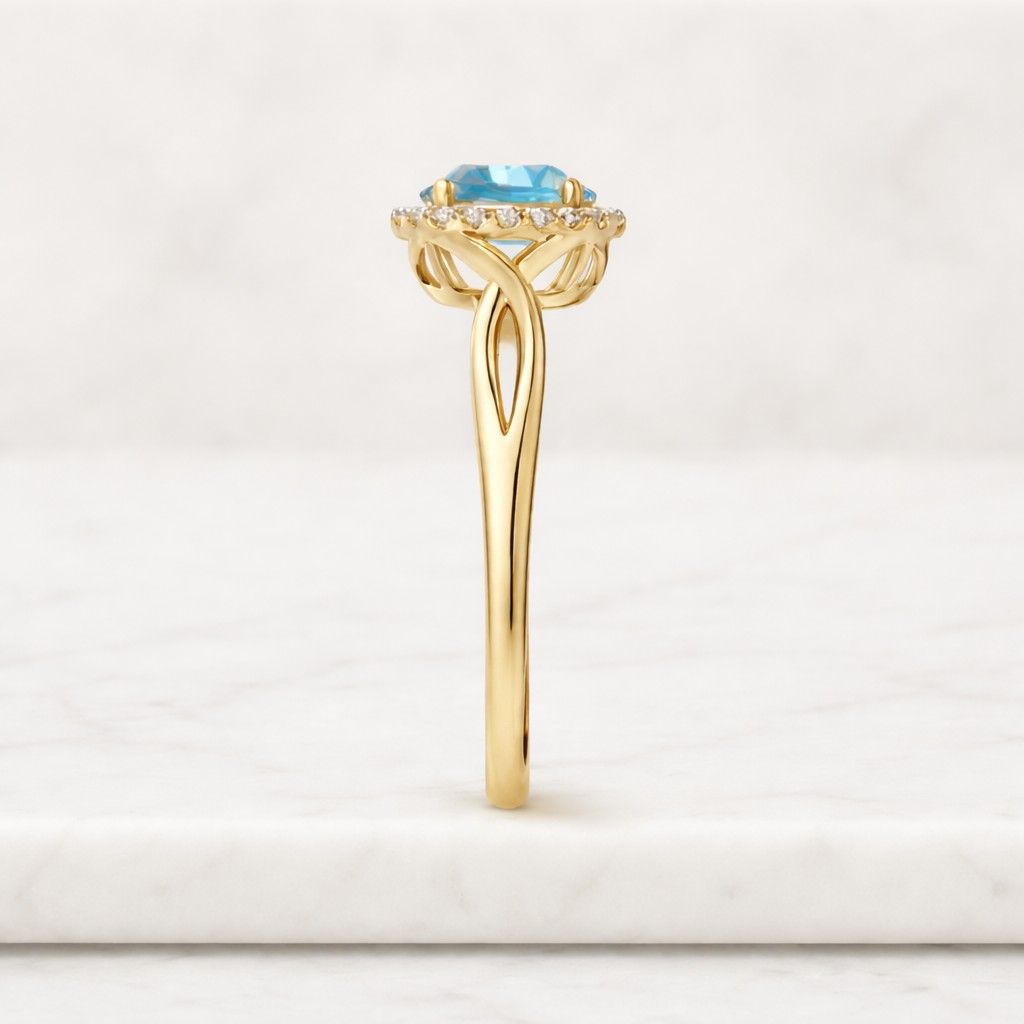 round aquamarine ring halo engagement ring infinity band ring open twist ring blue stone ring yellow gold ring gemstone halo ring diamond halo ring bridal jewelry ring