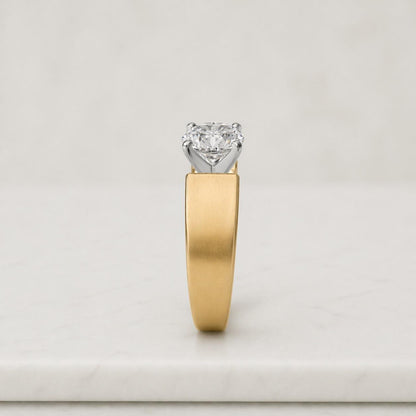 Tension Set Solitaire Wedding Ring, Round Cut Lab Grown Diamond Engagement Ring, 14k Gold Wide Band, Unisex Gold Ring, Anniversary Gift