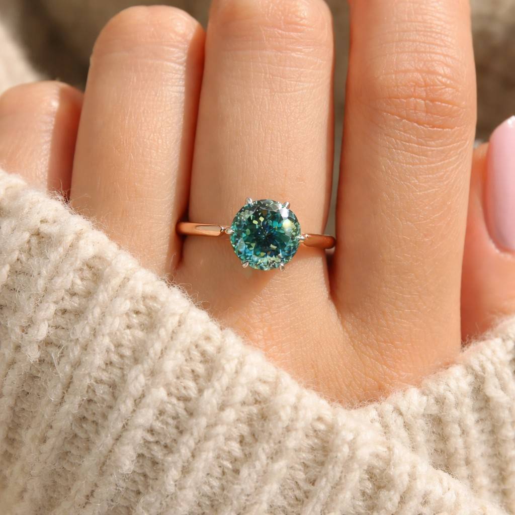 ready to ship, round cut green gemstone three stone ring, ef-vs clarity lab diamond accent ring, 14k white gold ring, trilogy ring for her
