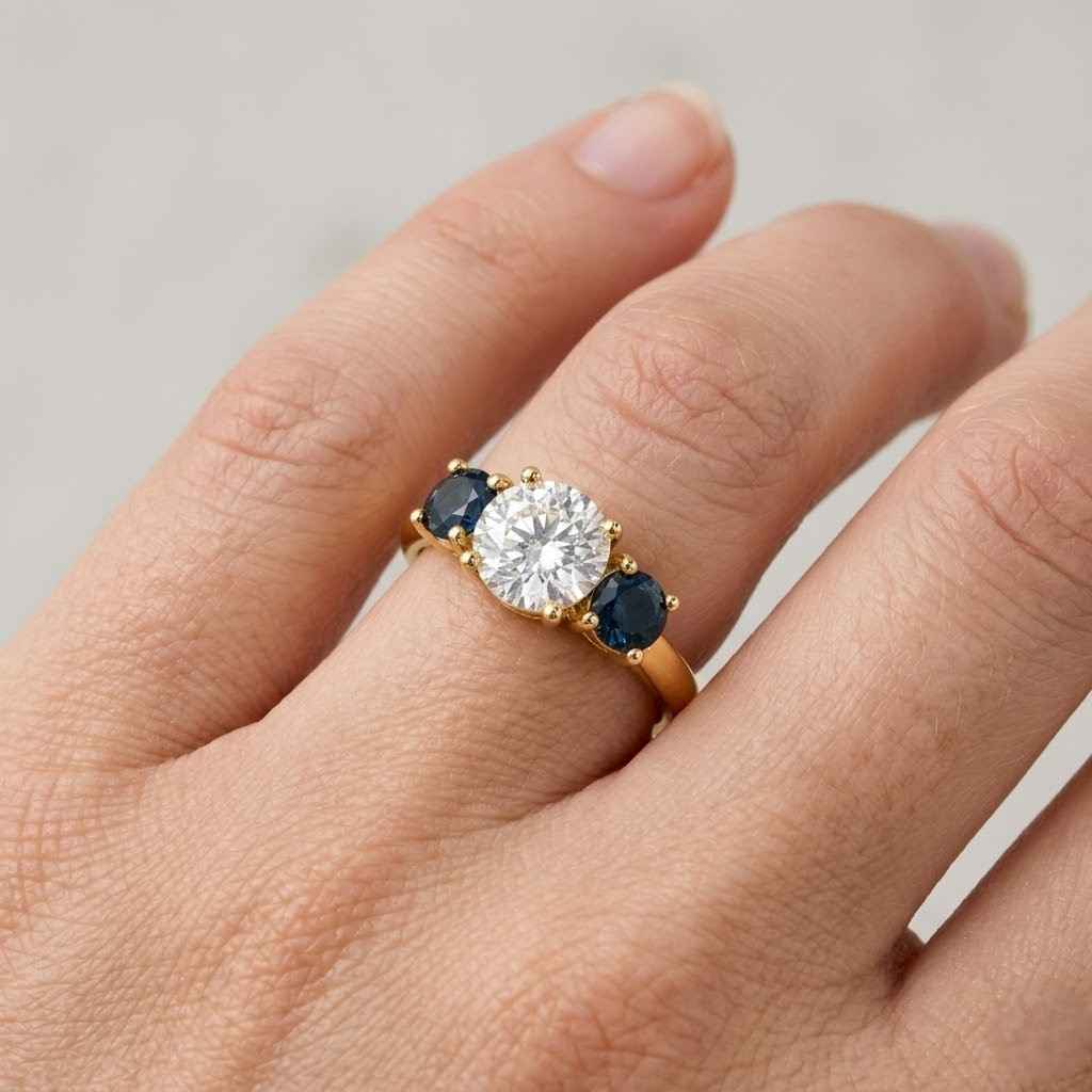round cut ring blue sapphire ring center stone ring side stone ring bridal set engagement jewelry wedding ring stackable ring luxury accessory fine ring gold jewelry ring