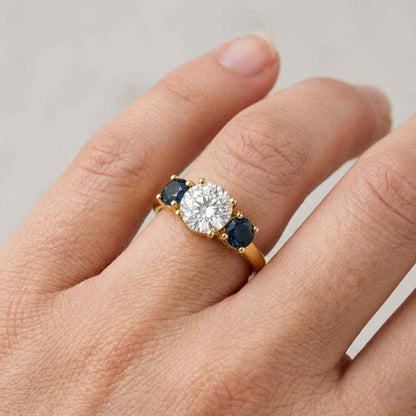 round cut ring blue sapphire ring center stone ring side stone ring bridal set engagement jewelry wedding ring stackable ring luxury accessory fine ring gold jewelry ring
