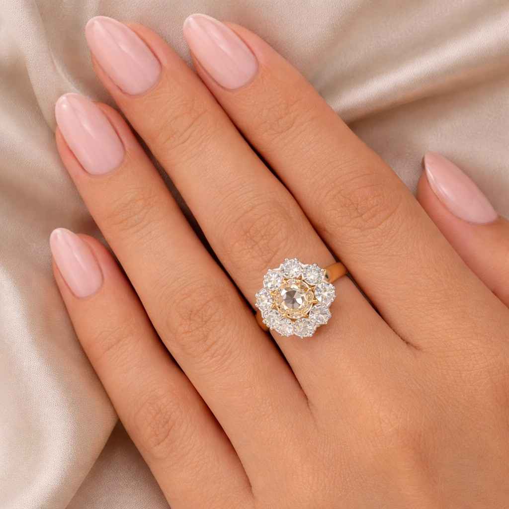 round moissanite sunburst halo engagement ring, vintage floral halo set wedding ring, 14k yellow gold double halo ring, elegant floral ring.
