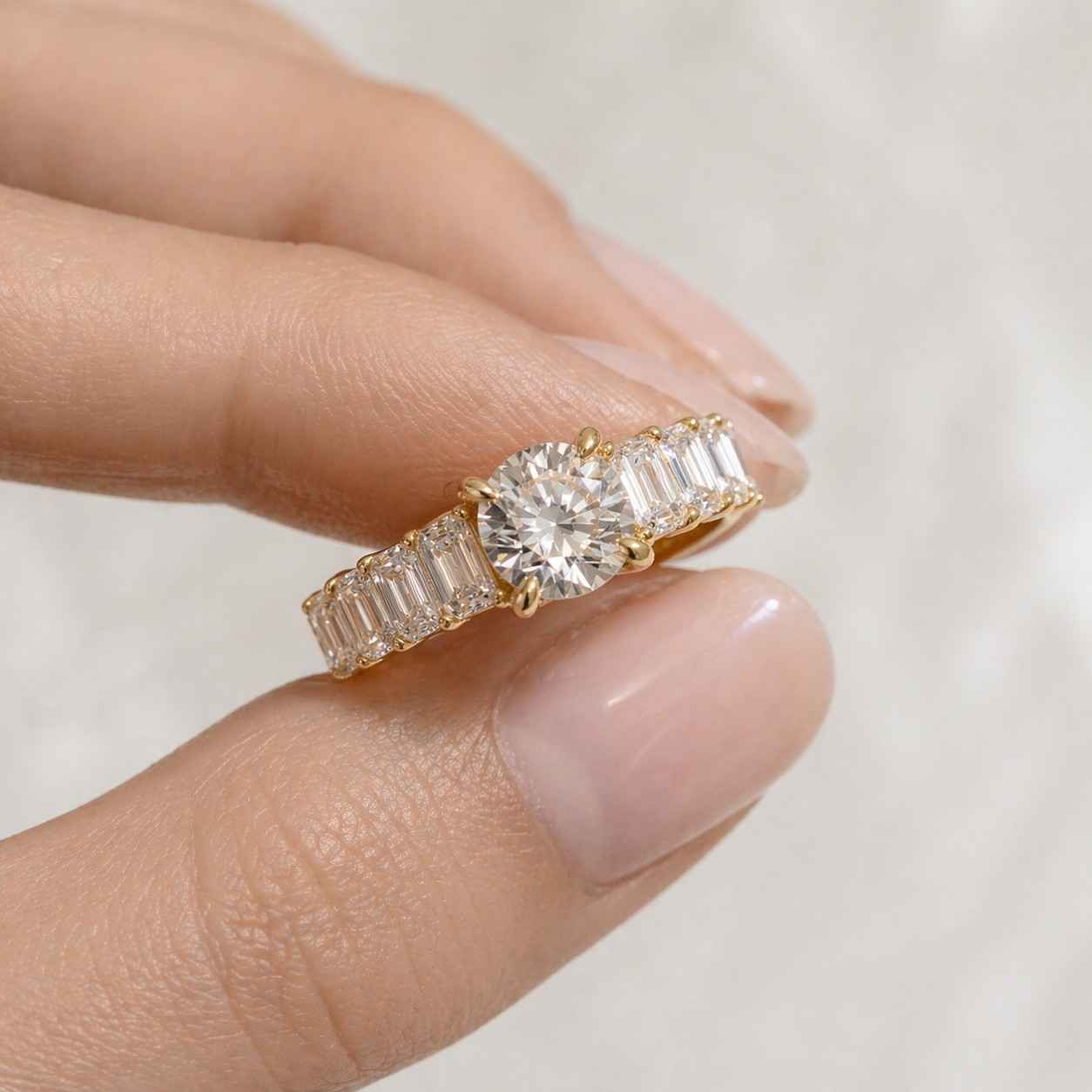 round cut moissanite engagement ring, lab grown diamond five stone ring, 3 ctw emerald side stone yellow gold bridal ring gift for her
