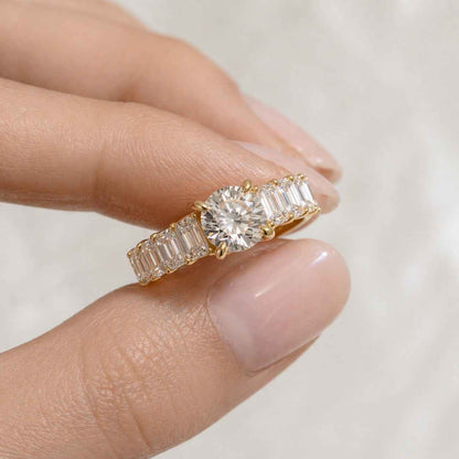 Round Cut Moissanite Engagement Ring, Lab Grown Diamond Five Stone Ring, 3 CTW Emerald Side Stone Yellow Gold Bridal Ring Gift for Her

