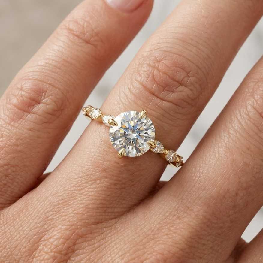 round cut ring leaf ring marquise accent ring side stone ring twig ring nature ring floral ring vine ring gold solitaire slim ring bridal set wedding band matching ring handmade jewelry