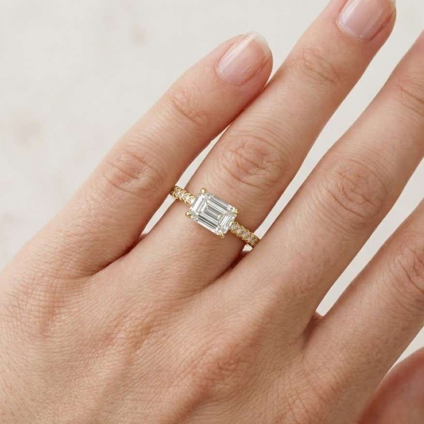 3CT Emerald Cut Lab Diamond Ring, 14K Solid Gold Pave Band, Stacking Jewelry