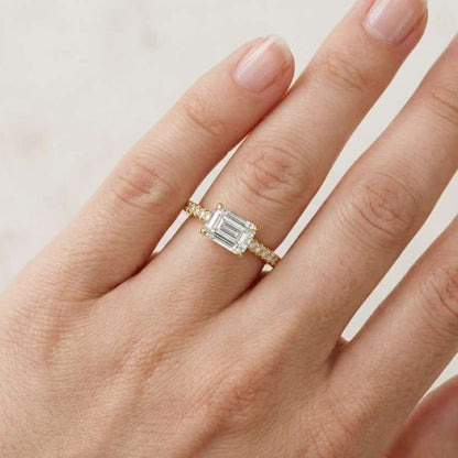 3CT Emerald Cut Lab Diamond Ring, 14K Solid Gold Pave Band, Stacking Jewelry