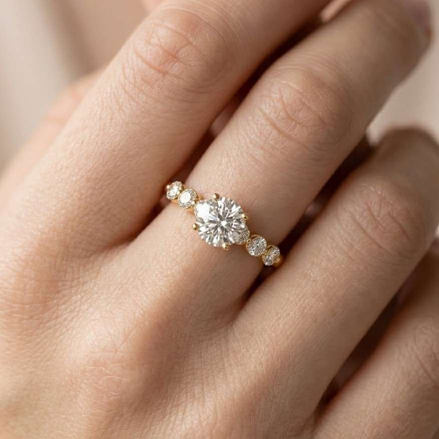 round cut halo engagement ring, hidden halo ring, pave diamond band, cathedral setting ring, moissanite engagement ring, bridal ring