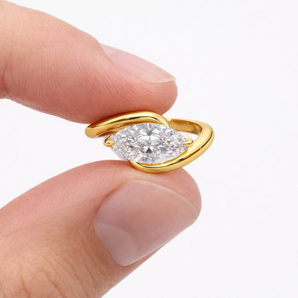 marquise cut lab grown diamond engagement ring, bezel set marquise ring, curved bypass gold wedding ring, dainty promise ring, gift for her