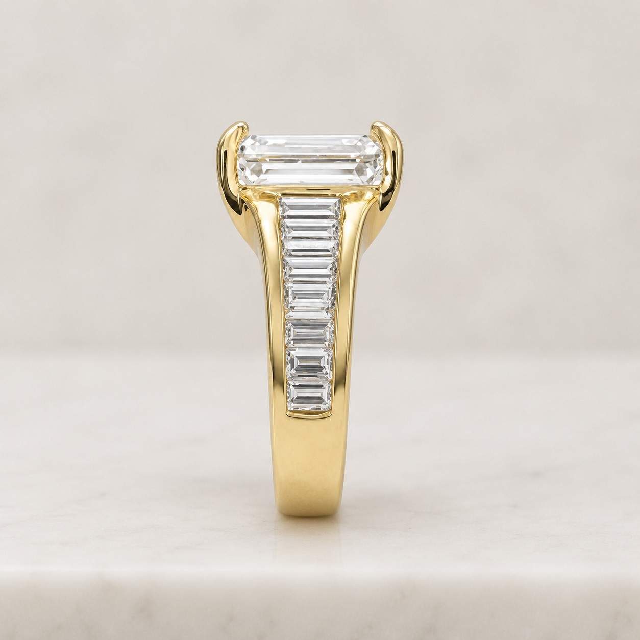 3.5 ct emerald cut moissanite engagement ring, baguette diamond band, 14k solid gold minimalist bridal her ring, unique wedding promise ring
