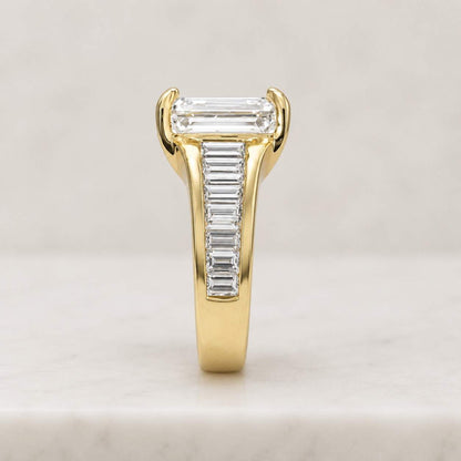 3.5 CT Emerald Cut Moissanite Engagement Ring, Baguette Diamond Band, 14K Solid Gold Minimalist Bridal Her Ring, Unique Wedding Promise Ring
