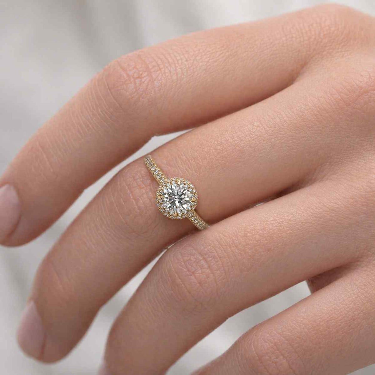 14K Solid Gold Double Band Engagement Ring / 1.00 CT Moissanite Promise Ring / Simulated Diamond Round Halo Ring / Split Shank Ring