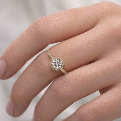 14K Solid Gold Double Band Engagement Ring / 1.00 CT Moissanite Promise Ring / Simulated Diamond Round Halo Ring / Split Shank Ring