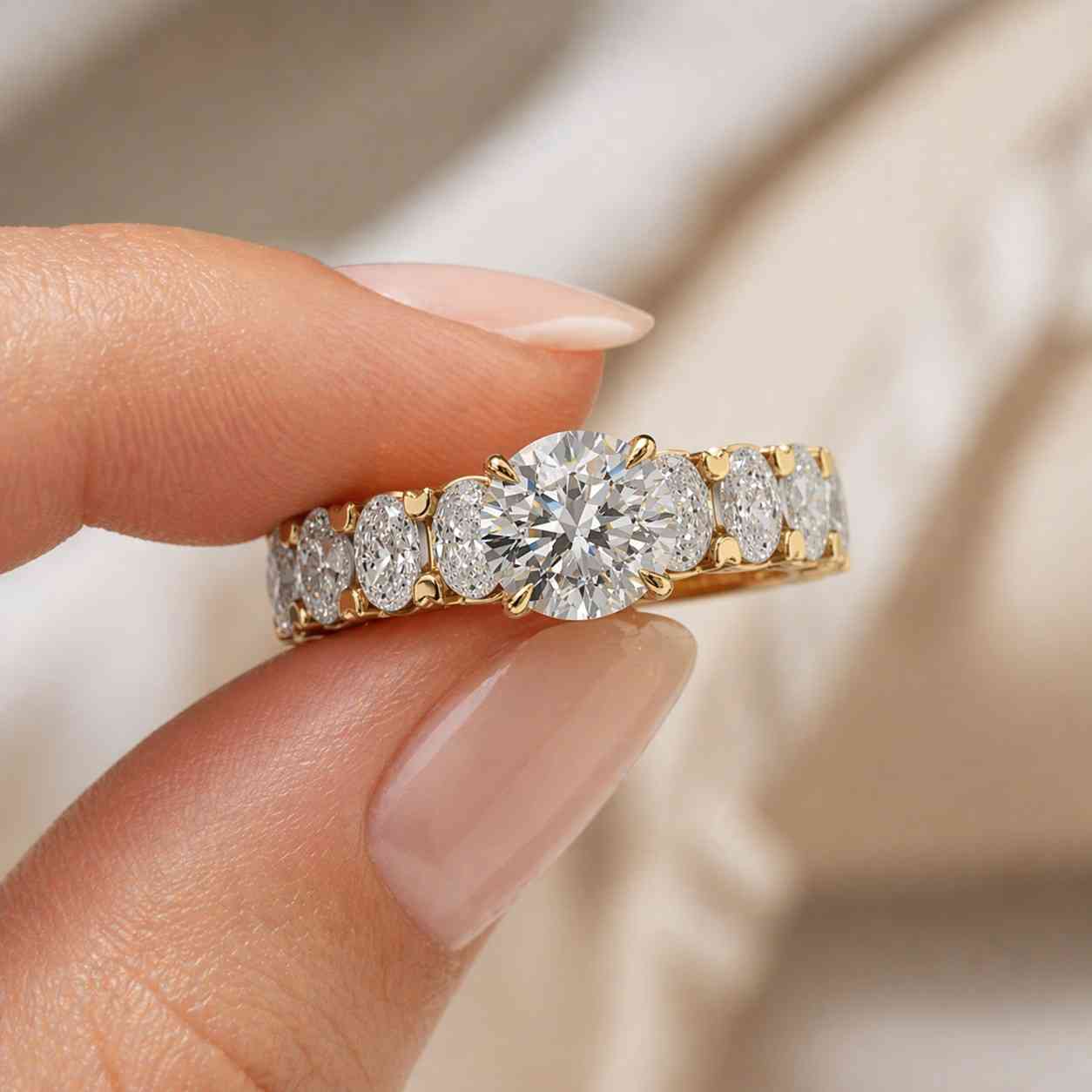 round cut ring oval cut side stones gold jewelry bridal accessory engagement jewelry luxury accessory crystal jewelry pave band prong ring solitaire band