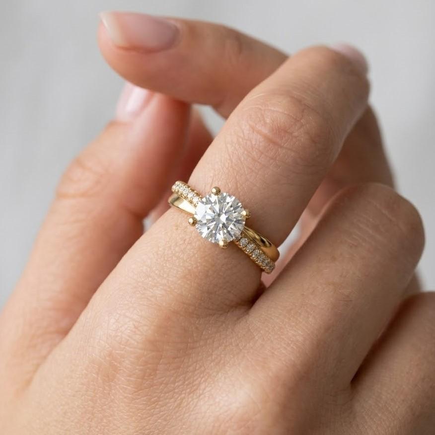 2.00Ct Round Cut Lab Grown Diamond Ring, Halo Set Lab Grown Solitaire Engagement Ring, Half Eternity Pave Set Round Halo Wedding Ring.