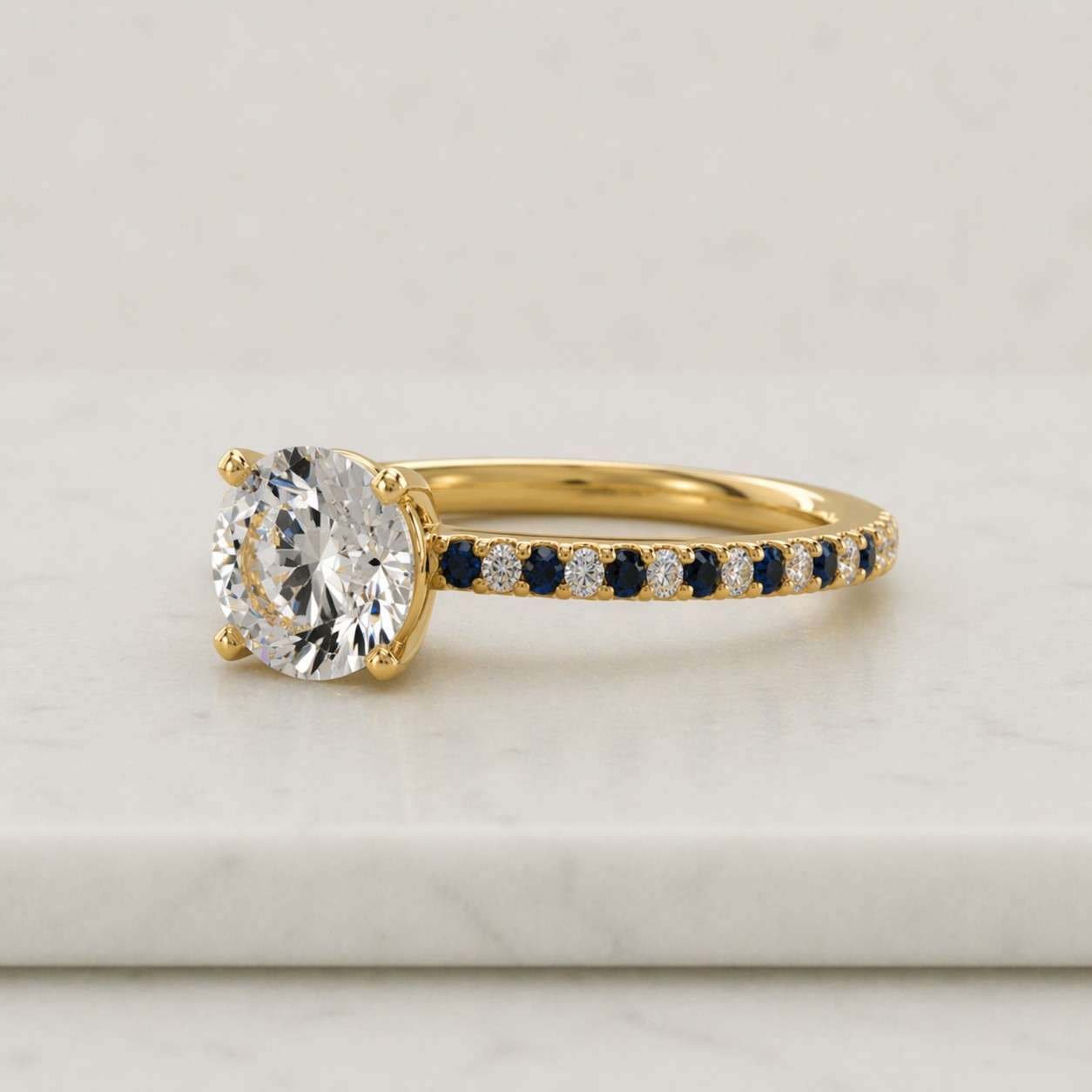 round cut moissanite engagement ring with blue sapphire accents, 14k white gold diamond anniversary ring, unique 3 stone bridal jewelry gift

