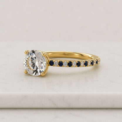 Round Cut Moissanite Engagement Ring with Blue Sapphire Accents, 14k White Gold Diamond Anniversary Ring, Unique 3 Stone Bridal Jewelry Gift
