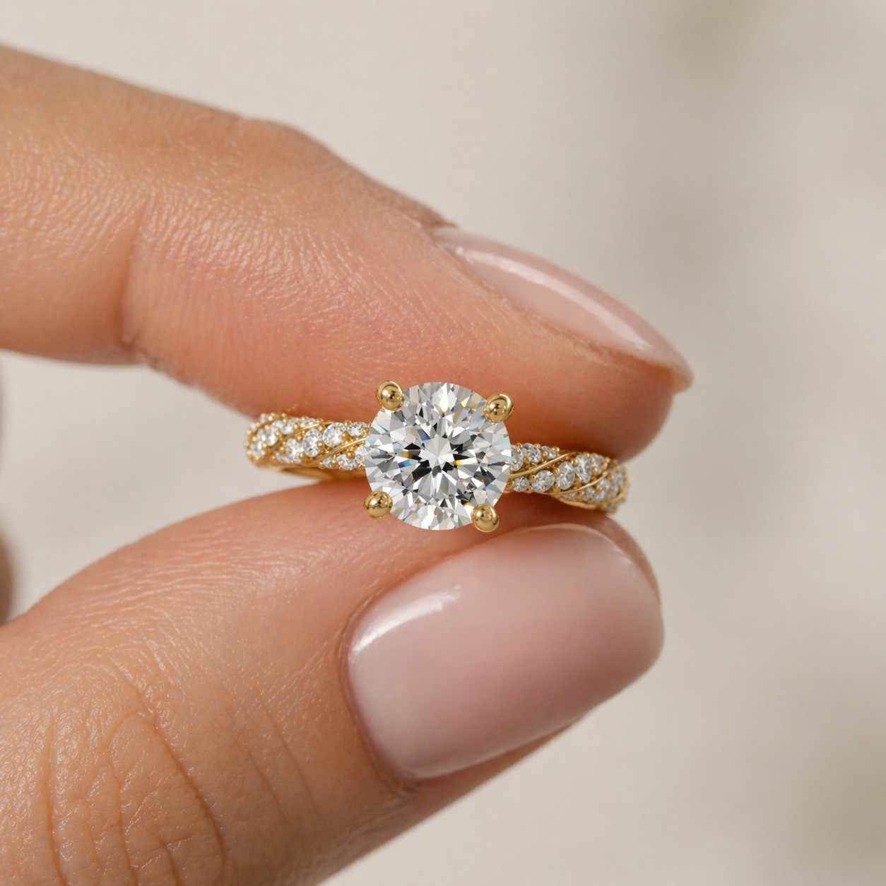 1 Carat Lab Grown Round Diamond Twisted Engagement Ring, 14K Gold Pave Set Accent Ring For Gift, Lab Diamond Wedding Ring For Bridal Gift