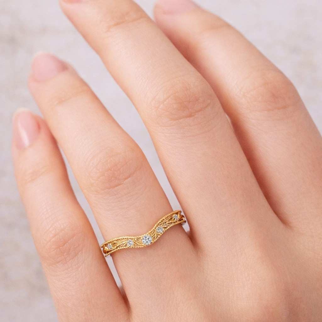 Curved Leafy Vine Engraved Wedding Band, Round Cut Lab Grown Diamond Ring, Milgrain Set Contour Stacking Ring, 14K Yellow Gold Eternity Band