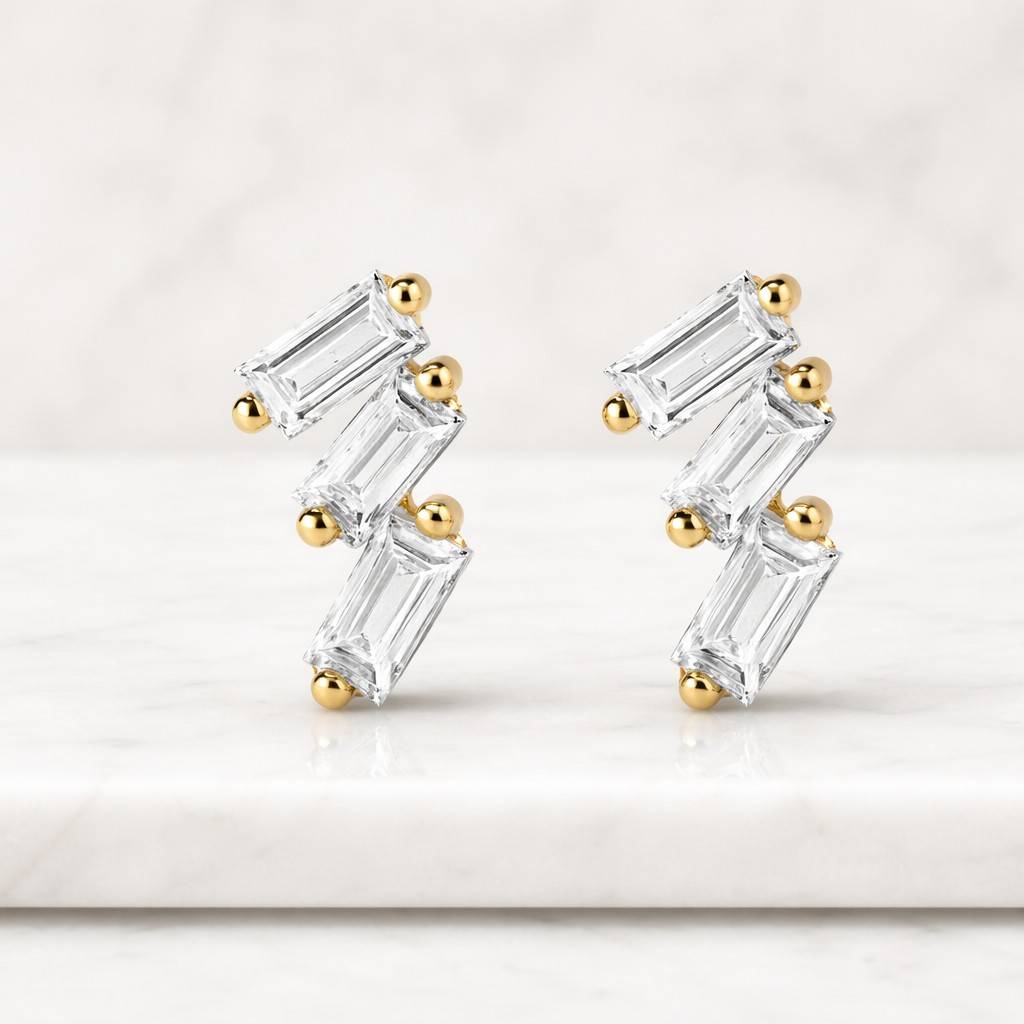 three stone stud earrings, emerald cut diamond prong set studs 18k yellow gold women's earrings daily wear jewelry gift for her