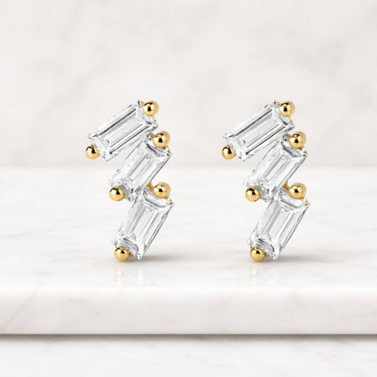 Three Stone Stud Earrings, Emerald Cut Diamond Prong Set Studs 18k Yellow Gold Women's Earrings Daily Wear Jewelry Gift for her
