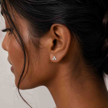 Round Cut Lab Grown Diamond Bar Earrings, Genuine Diamond Three Stone Cluster Stud Earrings, 14K Solid Gold Screw Back Anniversary Earrings
