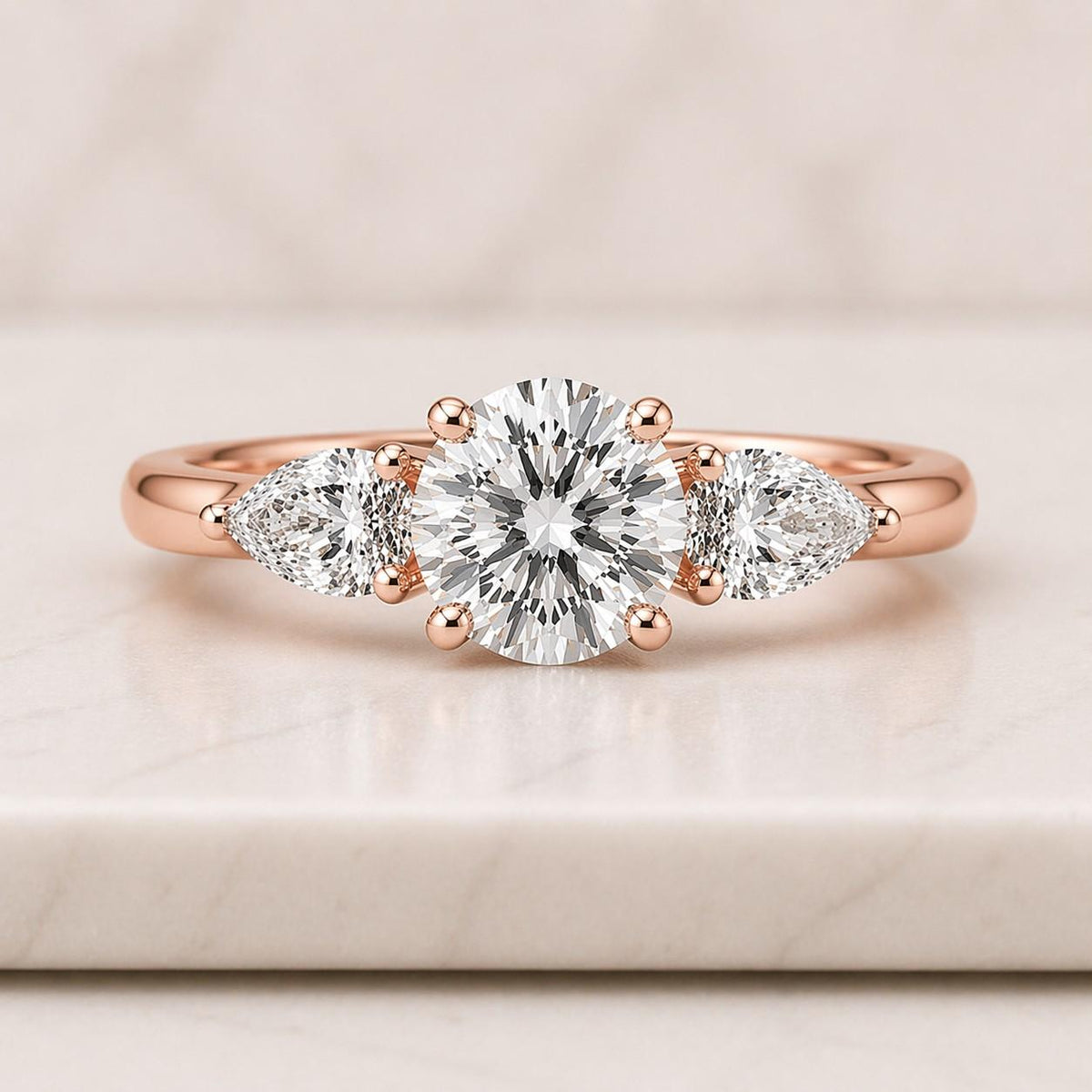 round brilliant cut lab grown diamond engagement ring, three stone ring
