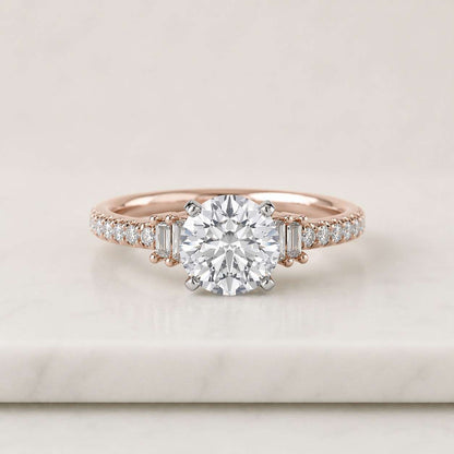 Round Cut Lab Grown Diamond Engagement Ring, Pave Diamond Ring, 14K Yellow Gold Solitaire Ring, Classic Bridal Ring
