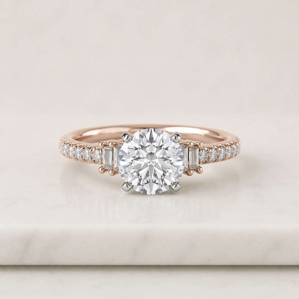 Round Cut Lab Grown Diamond Engagement Ring, Pave Diamond Ring, 14K Yellow Gold Solitaire Ring, Classic Bridal Ring
