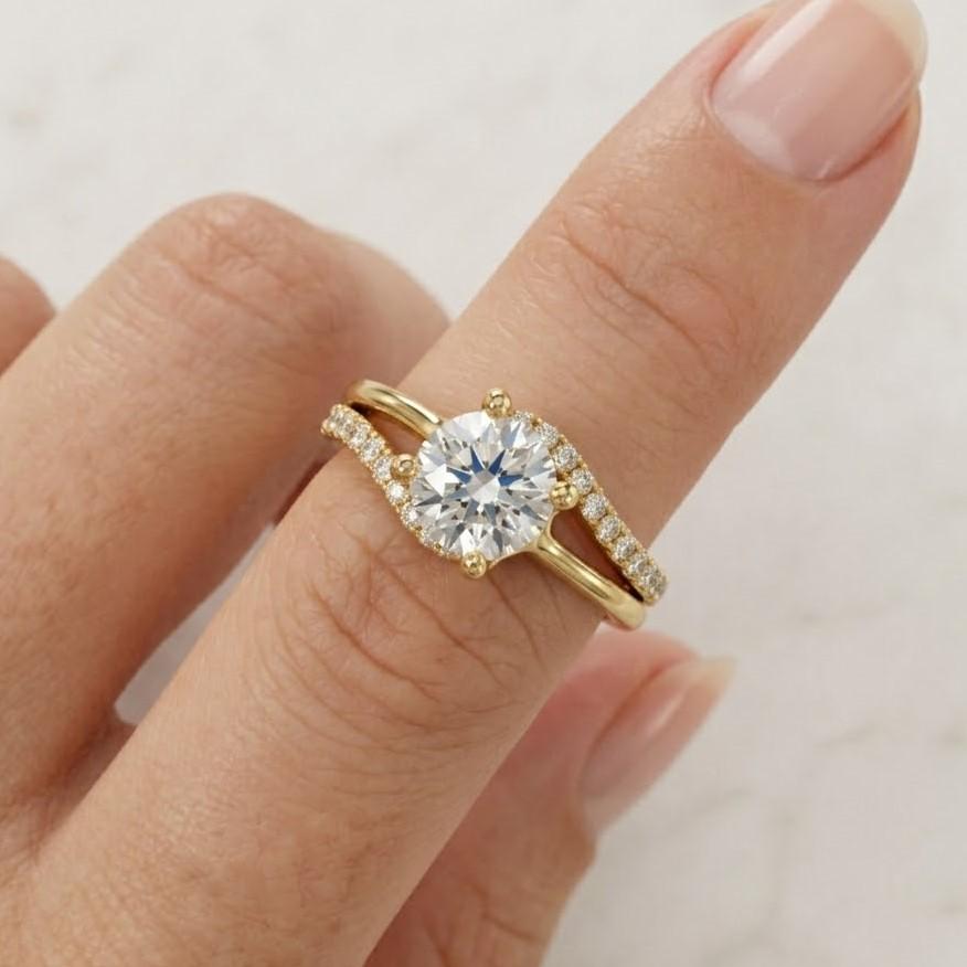 round moissanite wave bypass ring, 14k yellow gold pave band, diamond alternative bridal jewelry