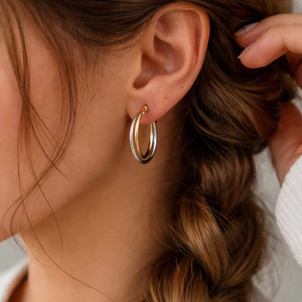 14k two-tone gold crossover hoop earrings: yellow white oval huggies
brihay gift for her