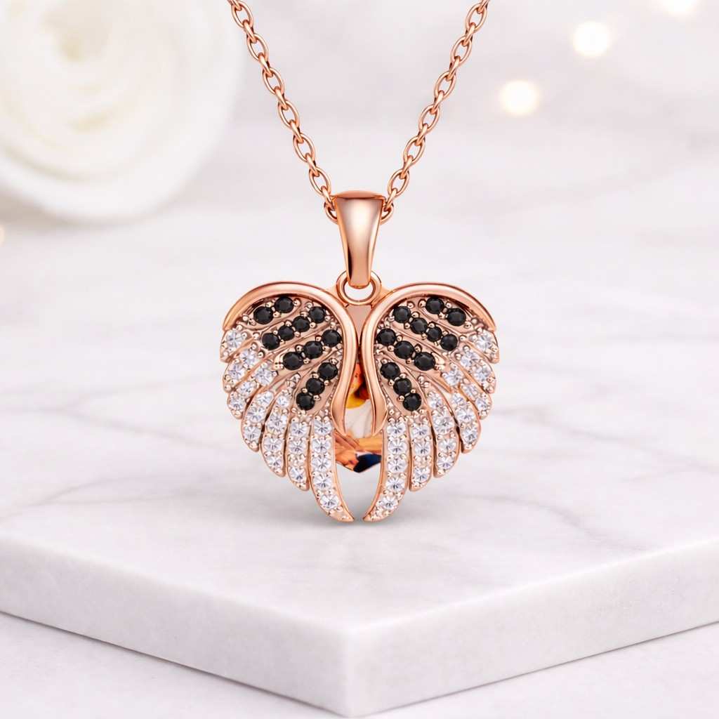 personalized angel wing heart photo necklace, 14k gold, diamond accent memorial pendant
