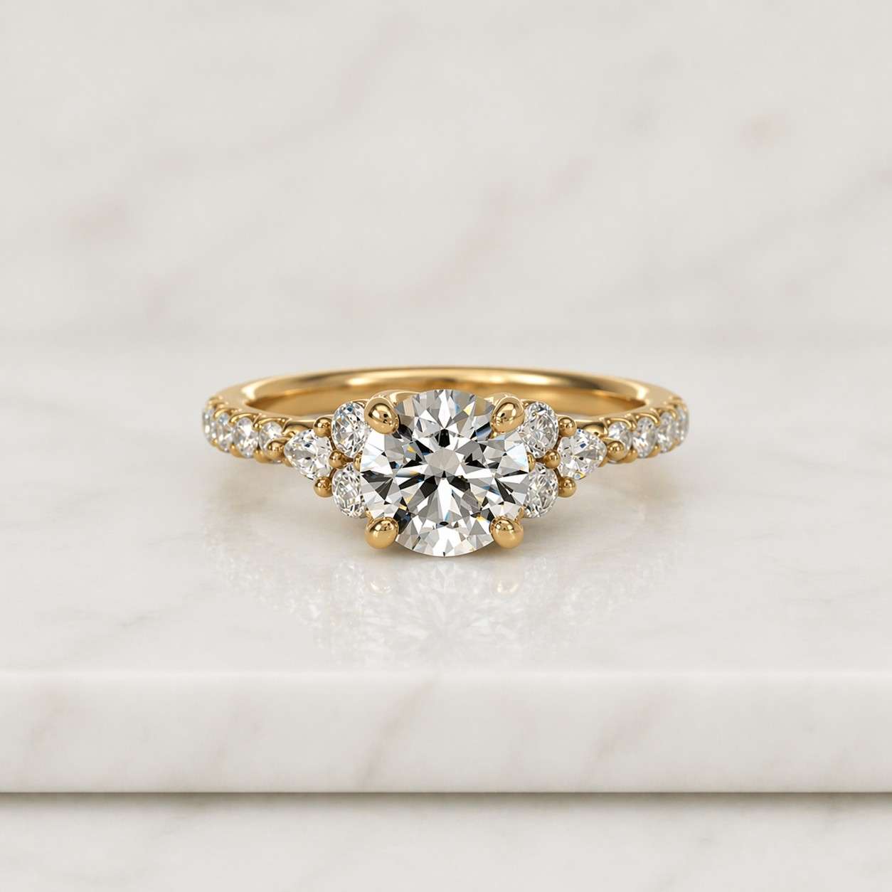Three Stone Moissanite Engagement Ring, Round Moissanite Gold Ring with Baguette Side Stones, Vintage Inspired Bridal Ring, Anniversary Gift

