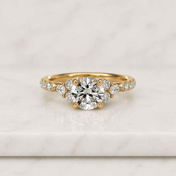 Three Stone Moissanite Engagement Ring, Round Moissanite Gold Ring with Baguette Side Stones, Vintage Inspired Bridal Ring, Anniversary Gift
