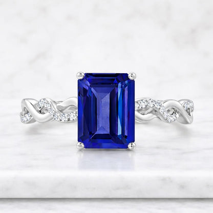 3 Carat Fancy Vivid Blue Emerald Cut Lab Grown Diamond Engagement Ring, Hidden Halo Pave, IGI Certified, 14k Yellow Gold Anniversary Gift