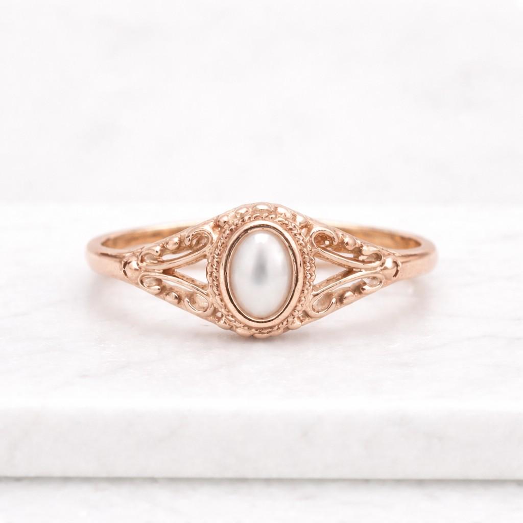 Oval Mother of Pearl Ring, Vintage Style Gold Ring | June Birthstone Jewelry, Birthday Gift