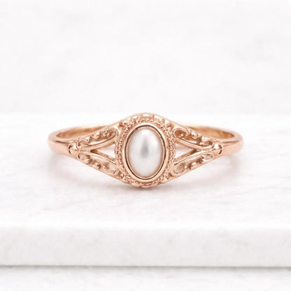 Oval Mother of Pearl Ring, Vintage Style Gold Ring | June Birthstone Jewelry, Birthday Gift